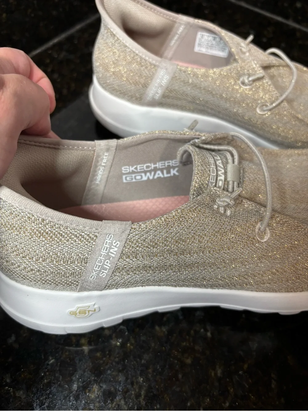 SKECHERS GOWALK Slip Ins Women’s Casual Loafers in Sparkly Gold/Light Beige